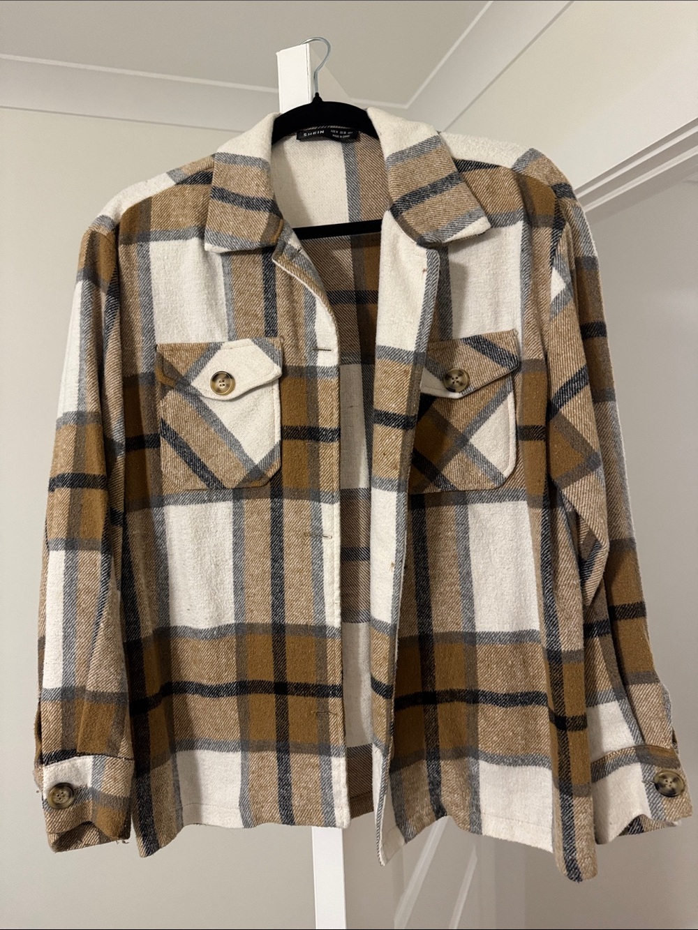 SHEIN Plaid Utility Shacket in Cream and Brown